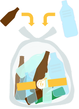 ペットボトルとびんを一緒に入れるイラスト