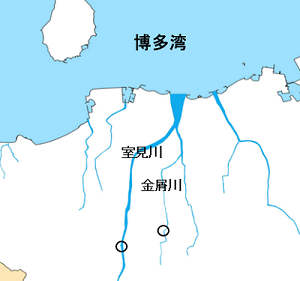 ①室見川・貞島川の合流地点付近、②賀茂小学校付近の地図