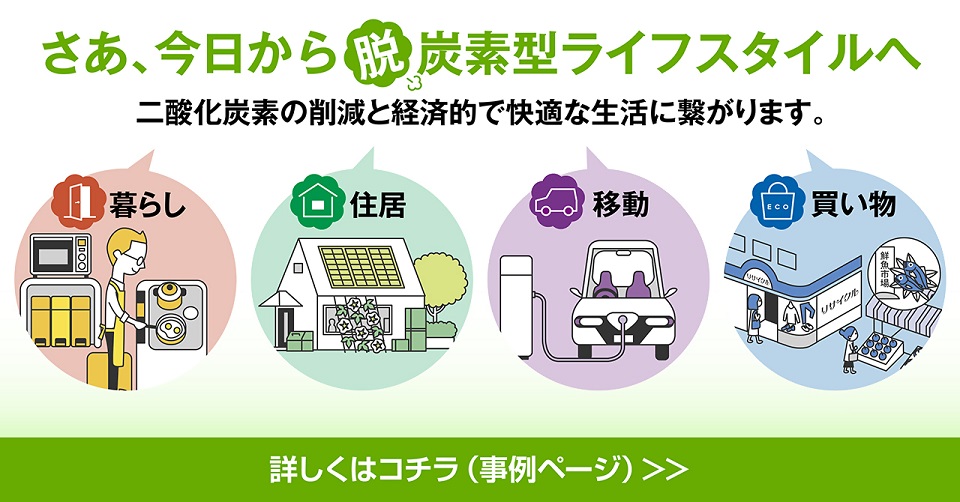 さあ、今日から脱炭素ライフスタイルへ。二酸化炭素の削除と経済的で快適な生活に繋がります。