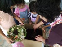 段ボールコンポストをこどもたちが囲んでいる様子