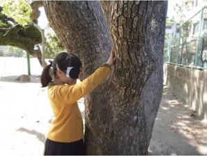 目隠しして木々に触れている様子