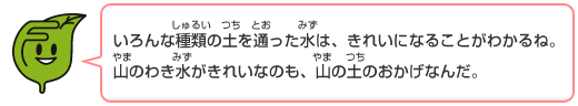 環境シンボルキャラクター「エコッパ」のコメント：いろんな種類の土を通った水は、きれいになることがわかるね。山のわき水がきれいなのも、山の土のおかげなんだ。