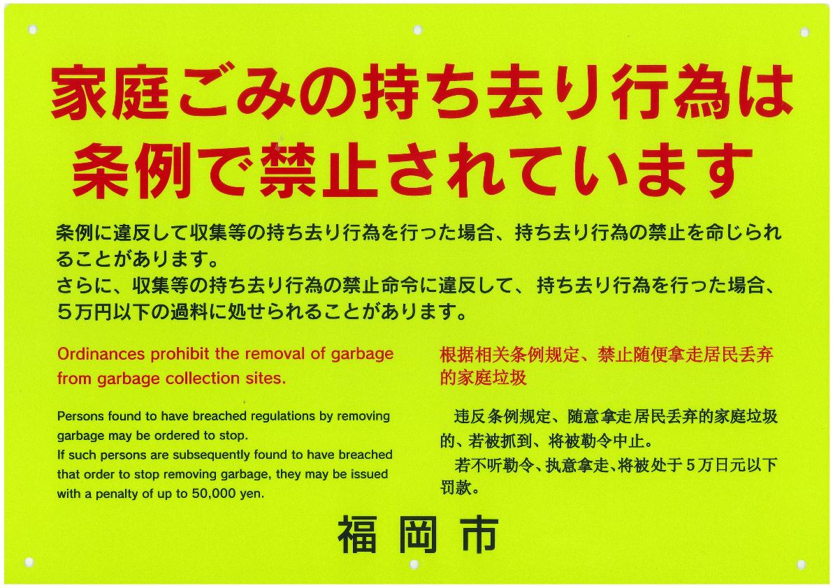 持ち去り行為禁止看板見本。詳細は前に記載。