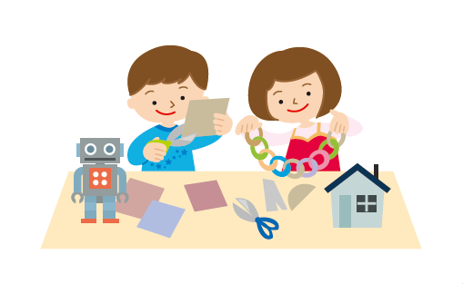 雑がみで作品を作っているイラスト