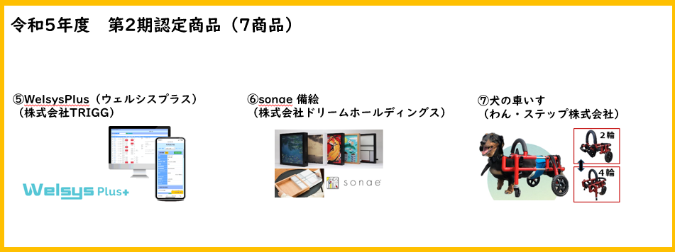 令和5年度第2期認定商品7商品の内（5から7）、5.ウェルシスプラス6.sonae7.犬の車いす