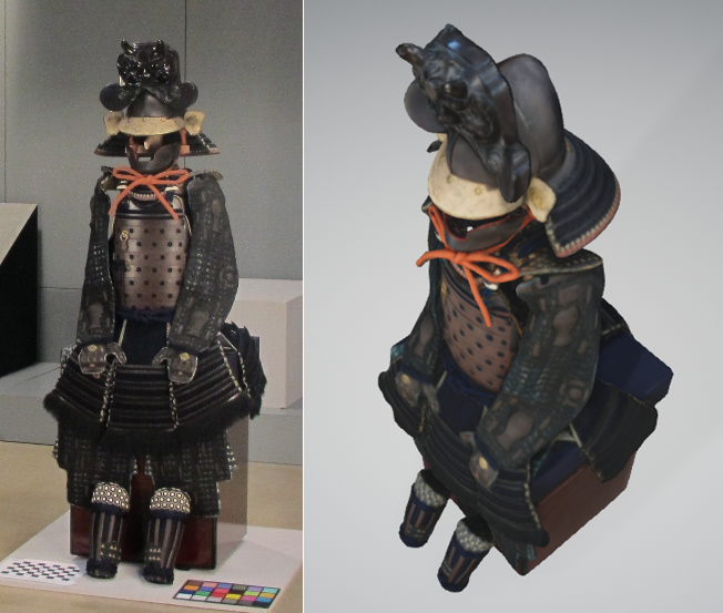 「鉄錆地桃形鬼面前立兜・紺糸威胴丸具足」の写真