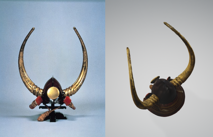 「黒漆塗桃形大水牛脇立兜」の写真