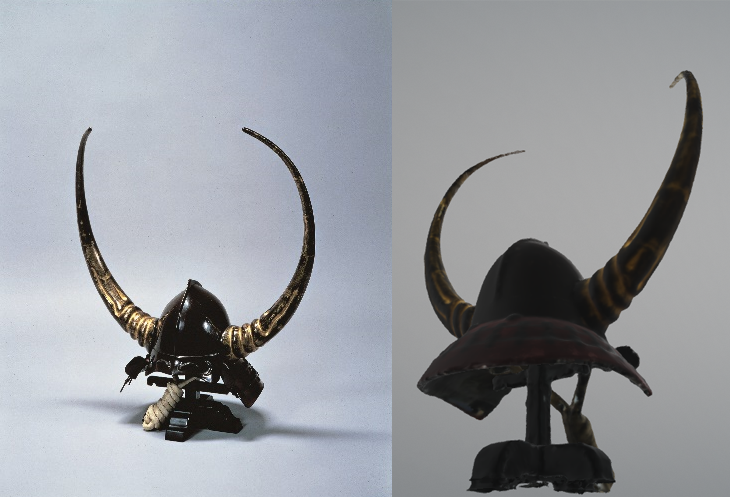 「黒漆塗桃形大水牛脇立兜」の写真