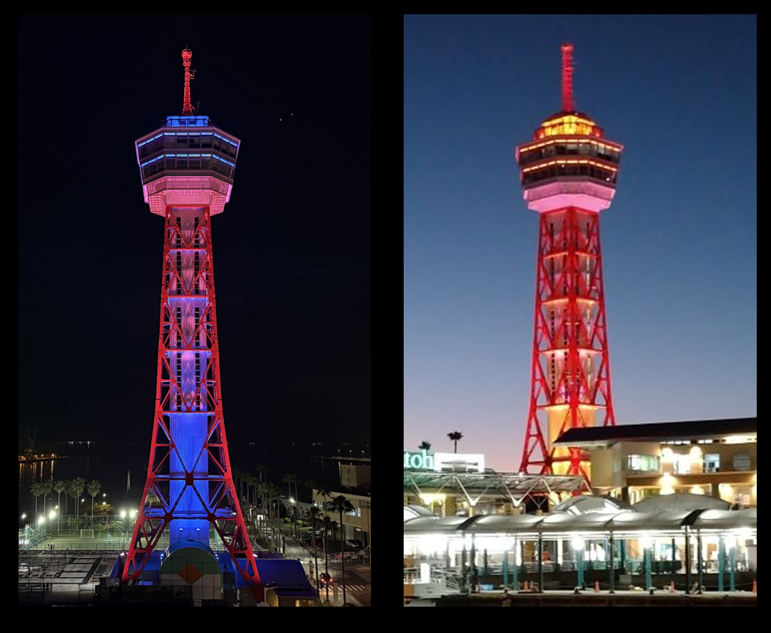 左の写真は、爽やかなブルーの春夏ベースライトアップ。右の写真は、温かみのあるオレンジの秋冬ベースライトアップ。
