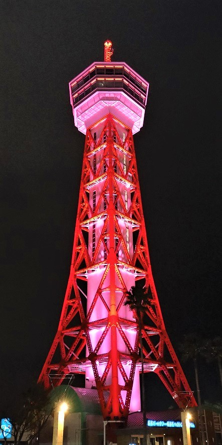 ブルーにライトアップされた博多ポートタワー