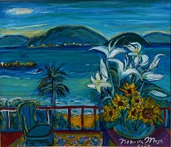 女賀信子さんの絵画の作品、タイトル「海へ（いとしま）」