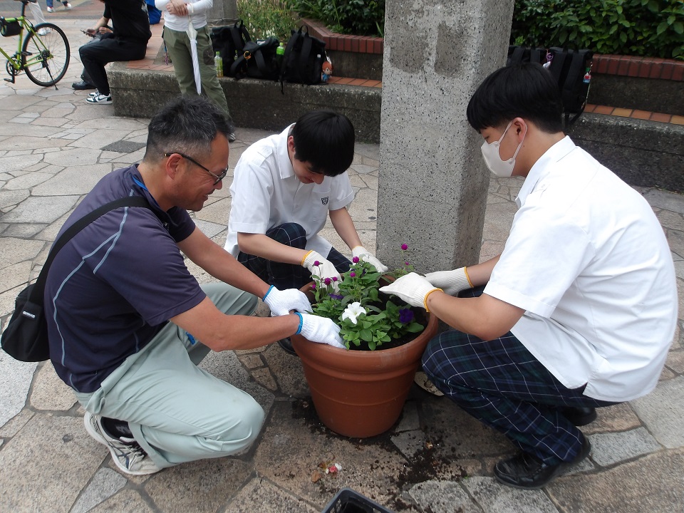 大橋駅西口広場の花壇植え替えの様子2