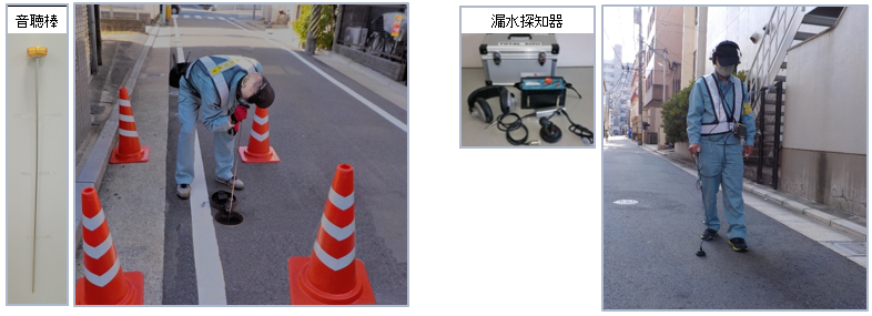 音聴棒や漏水探知器を用いて漏水を調査している様子