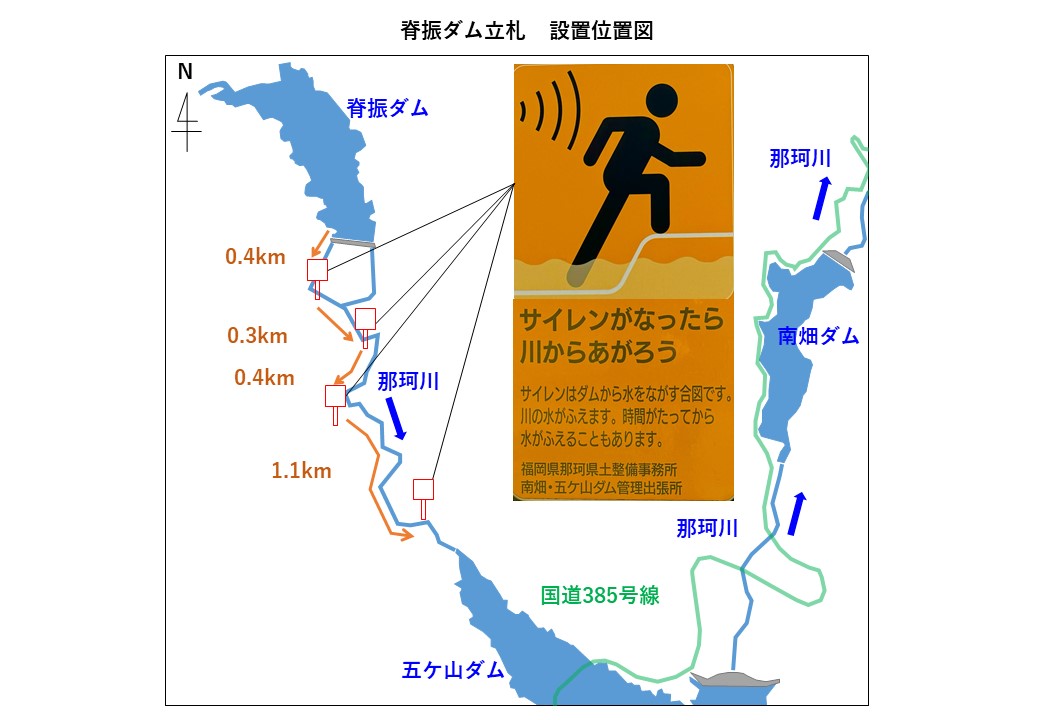 脊振ダム下流の立札設置位置