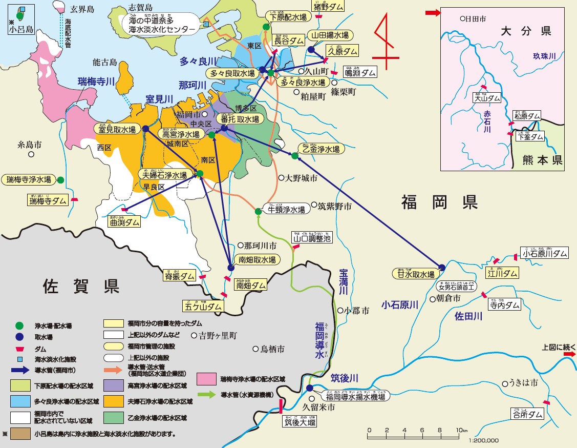 福岡市関連の水源と水道施設の図