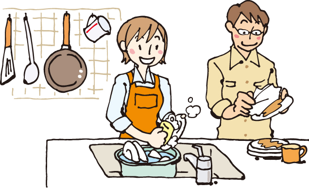 食器洗い中のイラスト