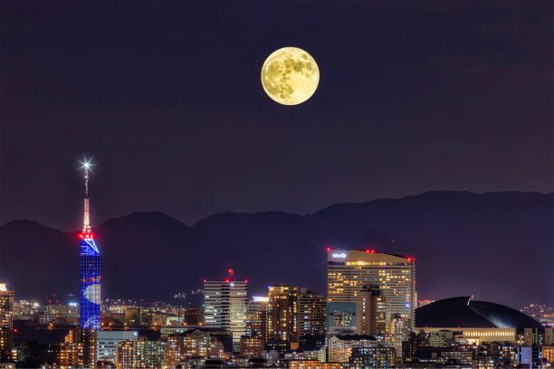 西の丘から見た夜景と月