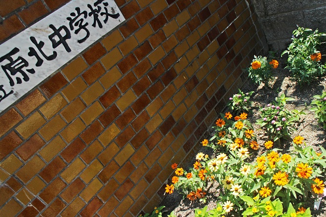 左に原北中学校の文字が見える，右側に花壇の写った正面玄関の写真