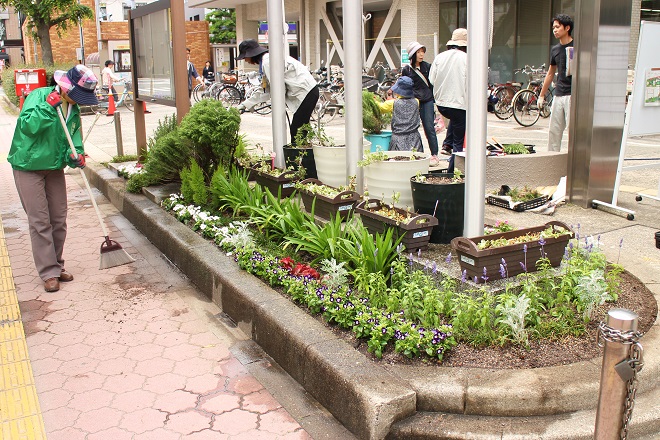 植え替えの終わった区役所正面玄関前の花壇の写真