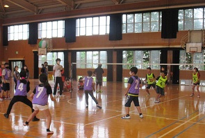 子どもたちがビーチボールバレーをする会場の画像