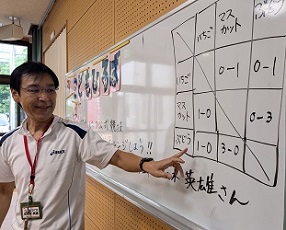 ホワイトボードの対戦星取表を示しながら勝敗を発表する講師の様子