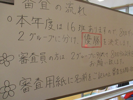 ホワイトボードに書かれたコンテストの審査要領