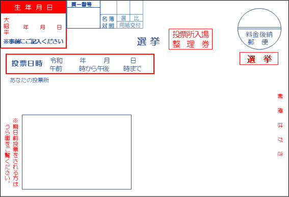 投票所入場整理券おもて面（見本）