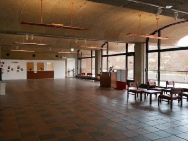 福岡市美術館内にある、落ち着いた雰囲気のカフェの店内