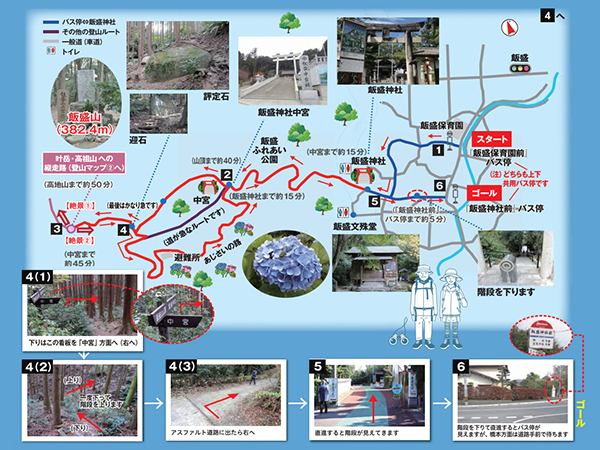 飯盛山への交通アクセスや、道順の写真も入った登山マップ
