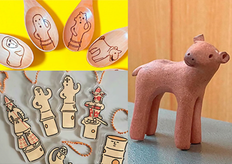 コラボイベントの「古代フェス」で販売される、ハニワなどをモチーフとした可愛いグッズ。