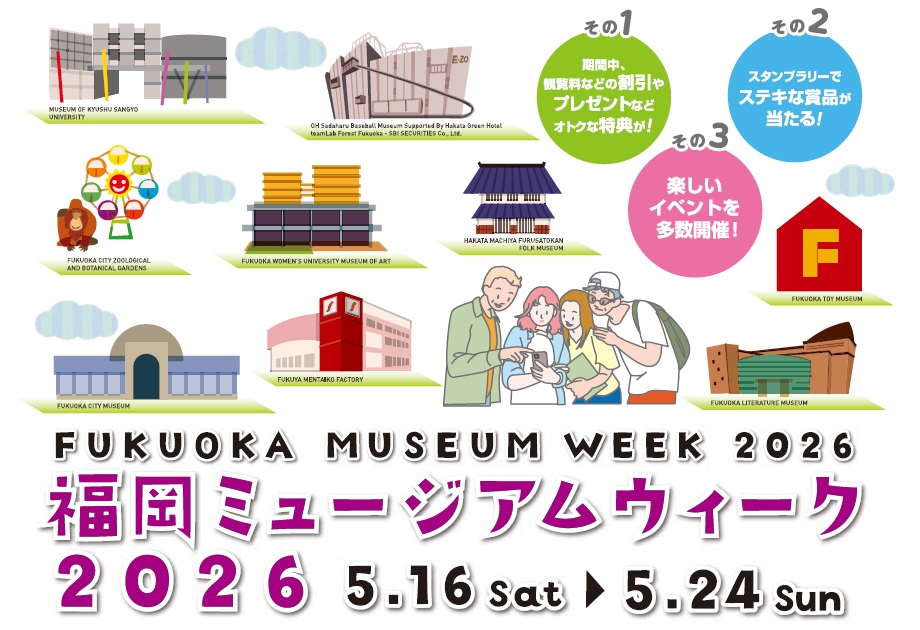 市内のミュージアム施設のイラストが入ったイベントのチラシ