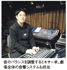 音のバランスを調整するミキサー卓。劇 場全体の音響システムも担当