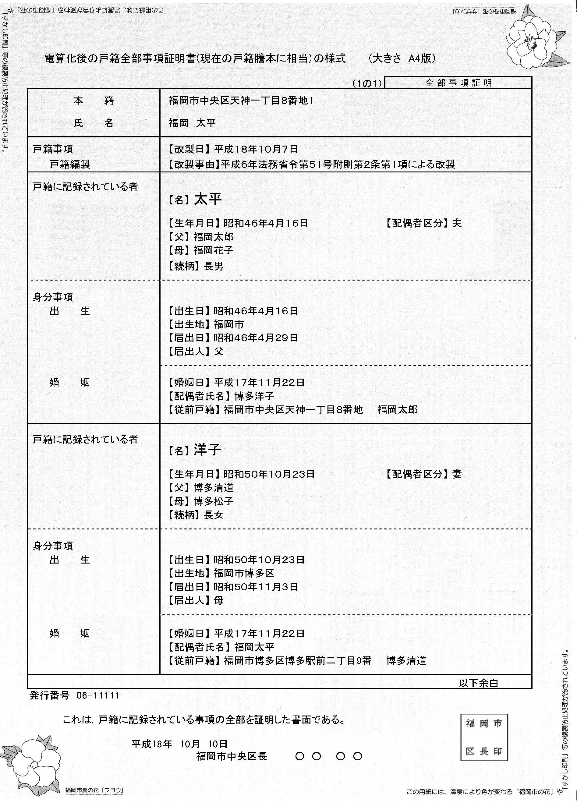 戸籍事務のコンピュータ化後の戸籍全部事項証明書のイメージの画像