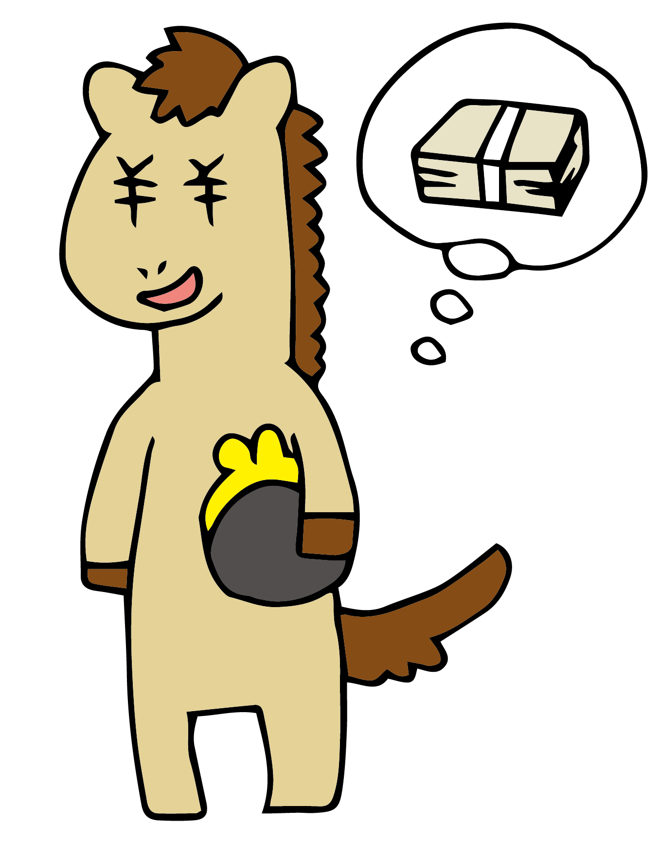 お金のことを考えているウマスギーのイラスト