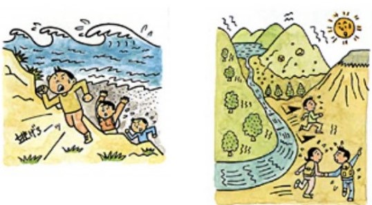 海や川の近くにいるときに地震が発生し，高台へ避難している様子。