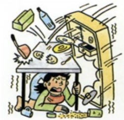 キッチンで地震が起こり，テーブルの下で身を守る様子