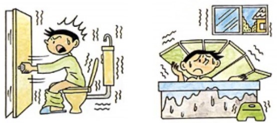 トイレと風呂にいるときに地震が起きている様子。トイレでは閉じ込められることを防ぐため，ドアを開けている様子。風呂では風呂の蓋で頭を守っている様子。