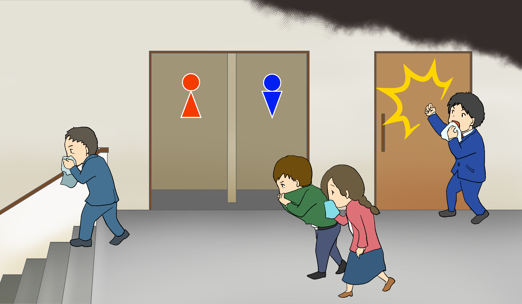 トイレなどにノックをして声掛けし、ハンカチなどで口を押えて避難しているイラスト