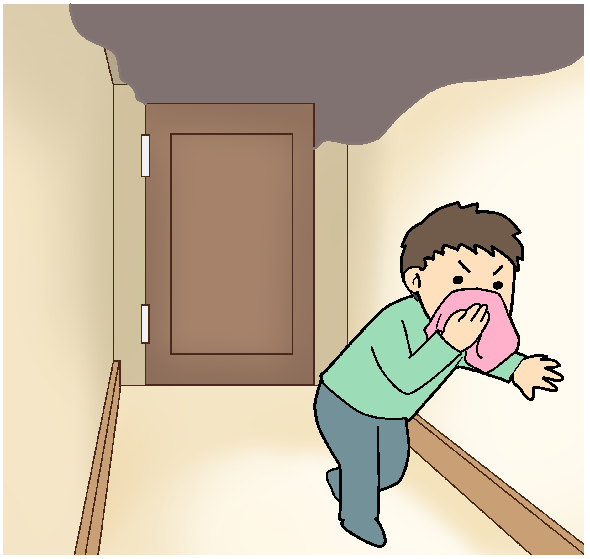 （３）被害が広がらないよう、燃えている部屋のドアを閉め煙を吸わないよう、ハンカチや衣服で口や鼻を覆い、低い姿勢で避難しているイラスト画像