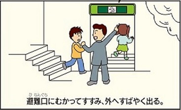 避難口に向かってすすみ、外へすばやく出ている様子を描いたイラスト画像