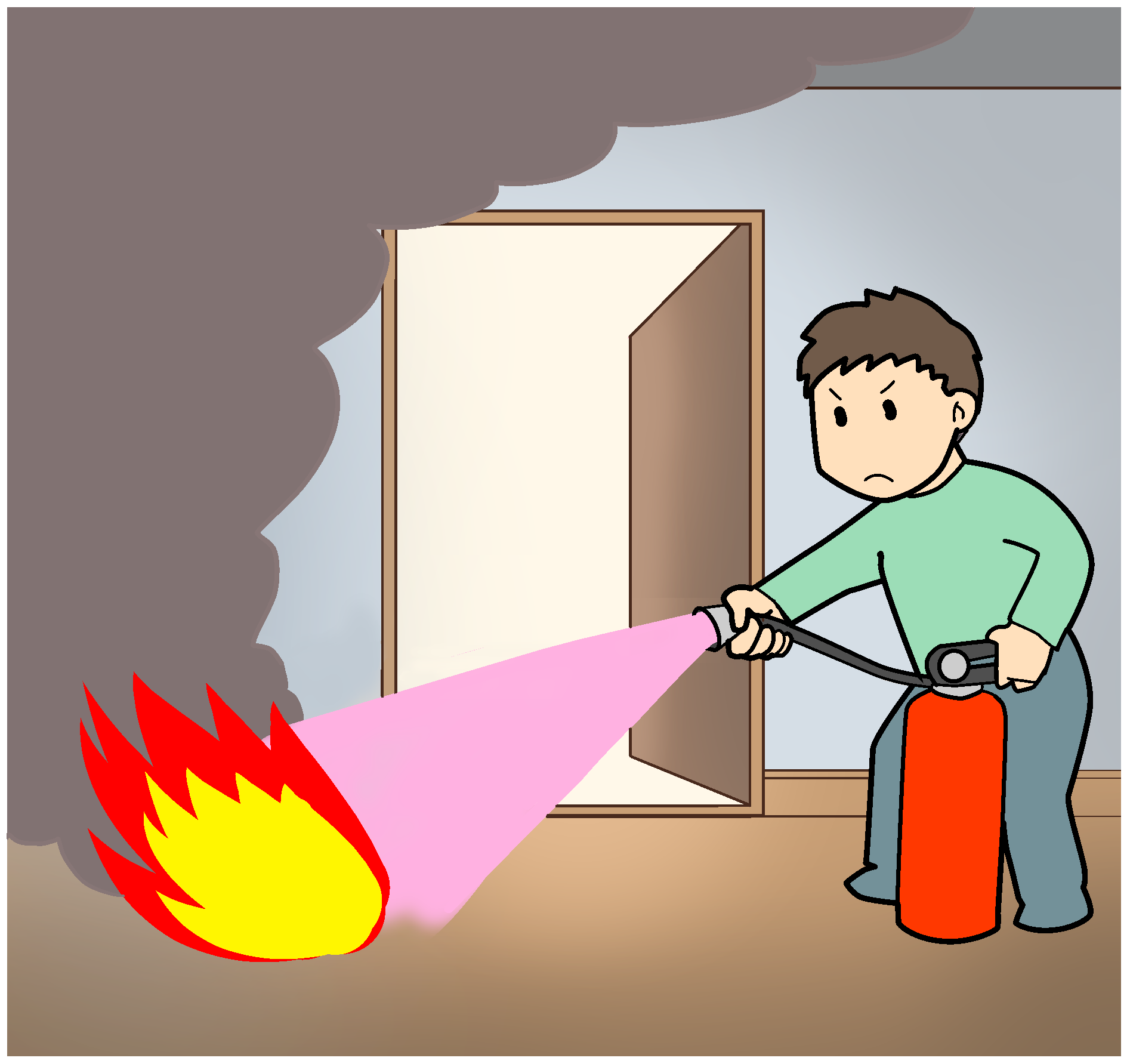 （２）出口を確保して消火しているイラスト画像