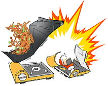 カセットボンベが過熱されて、爆発しているイラスト