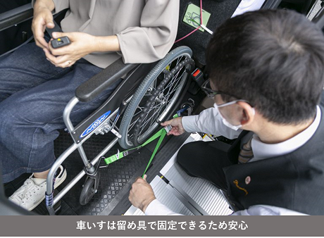 車いすを留め具で固定できる様子