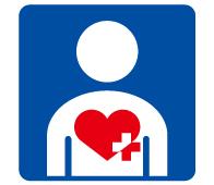 ハートプラスマークです。人の上半身のシルエットの中央にハートと十字のマークが描かれています。