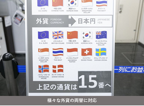 様々な外貨の両替に対応している表示