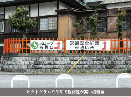 ピクトグラムや矢印で視認性が高い横断幕の写真