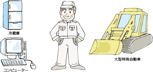冷蔵庫、コンピューター、大型特殊自動車など、償却資産の例